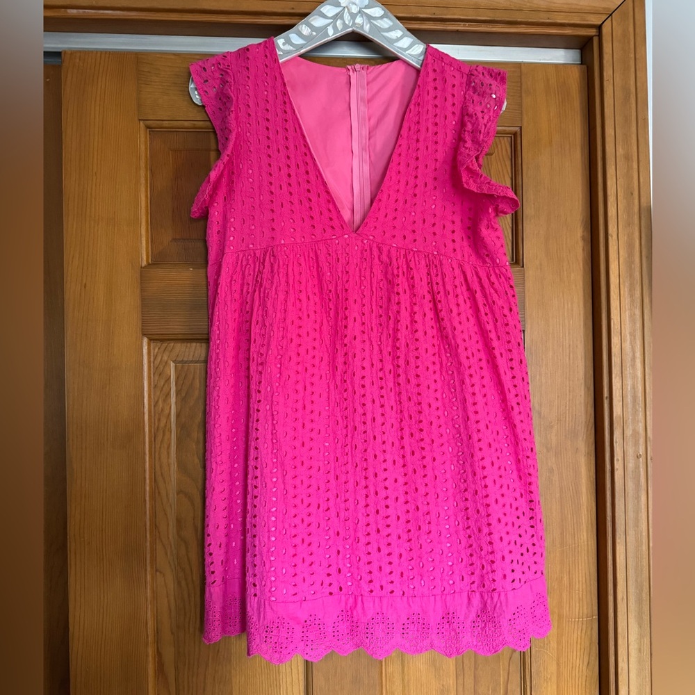 Women Bright Pink Eyelet V-Neck Mini Dress